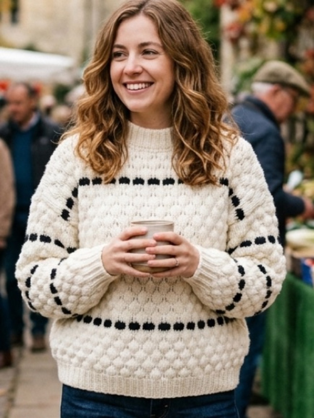 Forever 21 Cream Cable Knit Sweater with Black Stripes